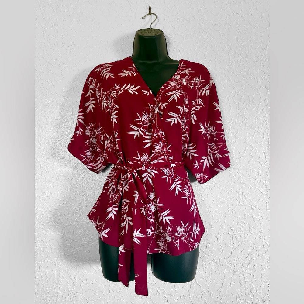 Worthington Burgundy & White Floral Wrap Blouse